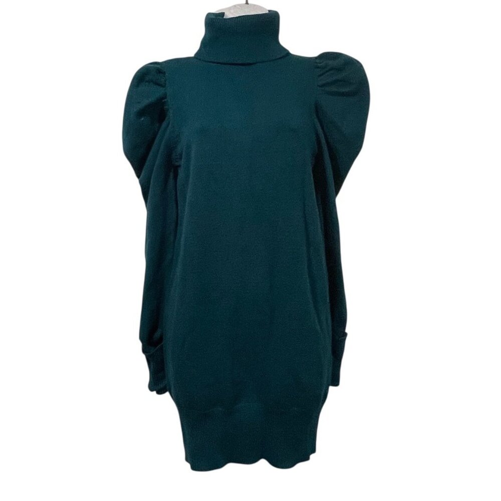 Aaron & Amber Womens Turtleneck Sweater Dress Puff Sleeves Teal Green Sz M
